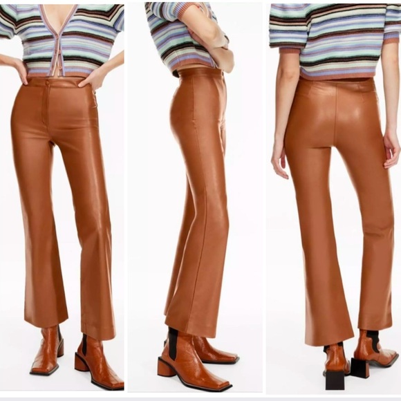 Aritzia Wilfred Adele Cognac Brown Vegan Leather Flare Pants - Picture 1 of 9